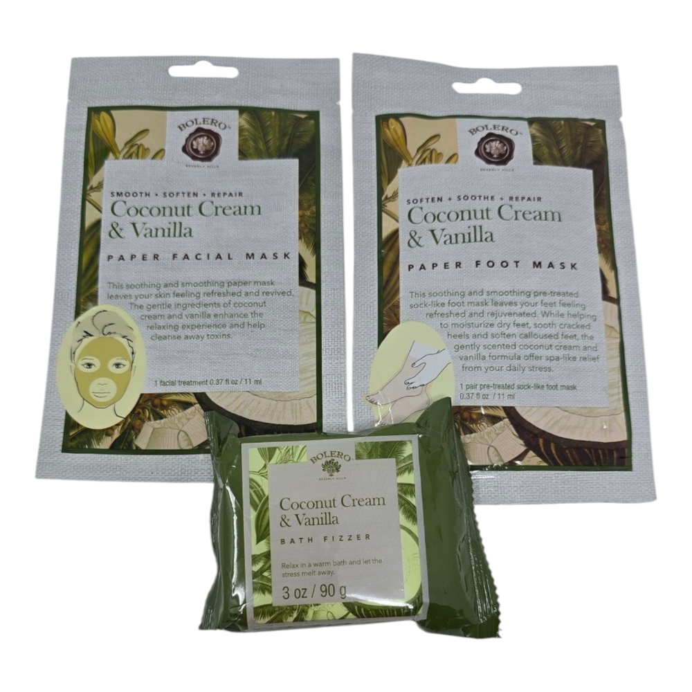 Bolero Paper Facial Mask, Foot Mask & Bath Fizzer Coconut Cream & Vanilla